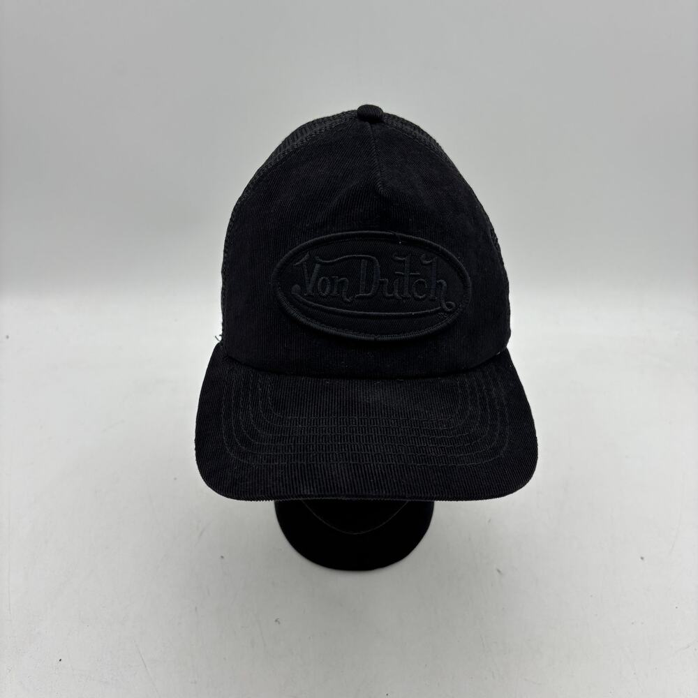 Von Dutch Black Corduroy Trucker Hat Snapback Y2K Biker Cap